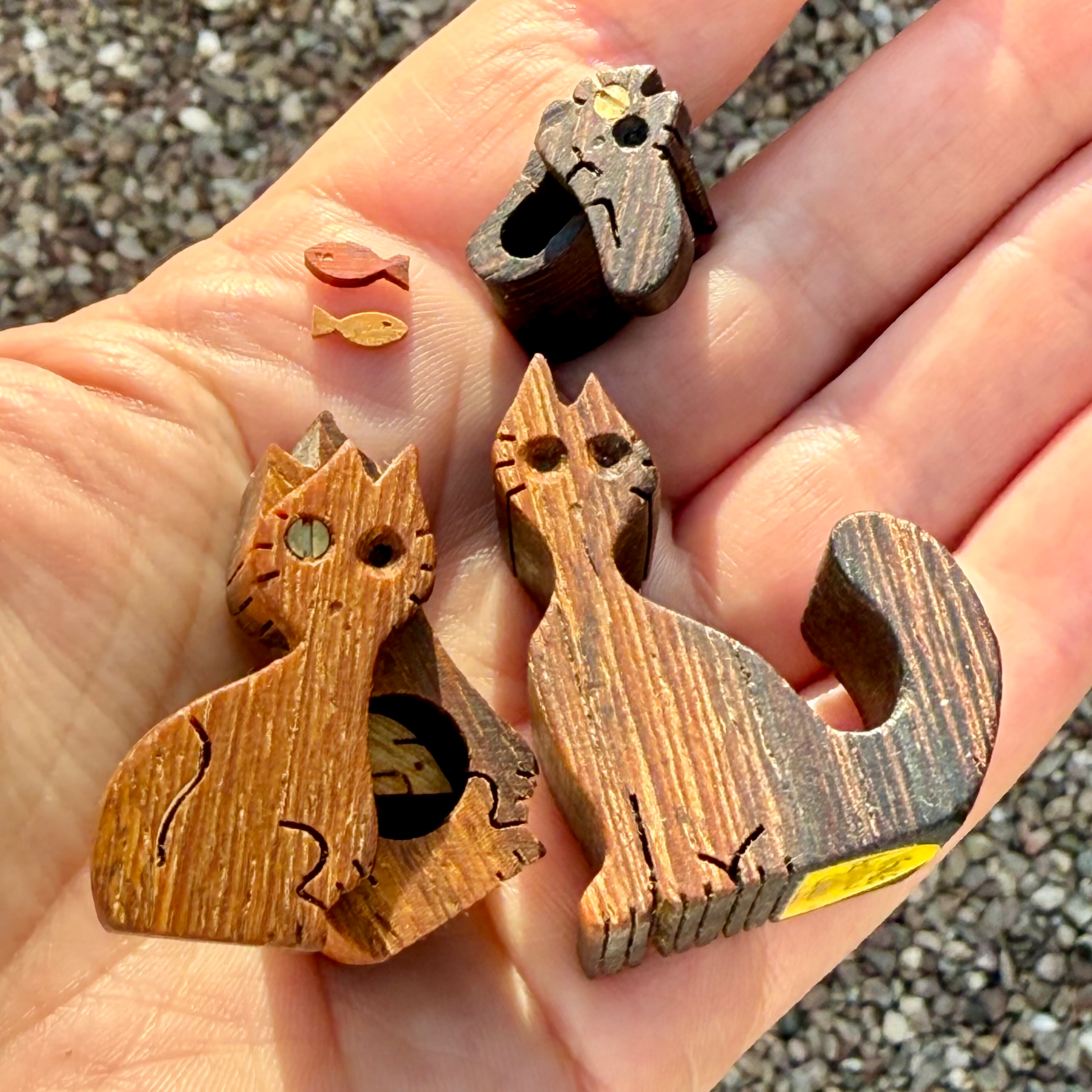 Set of 3 handmade wooden cats with secret compartments 