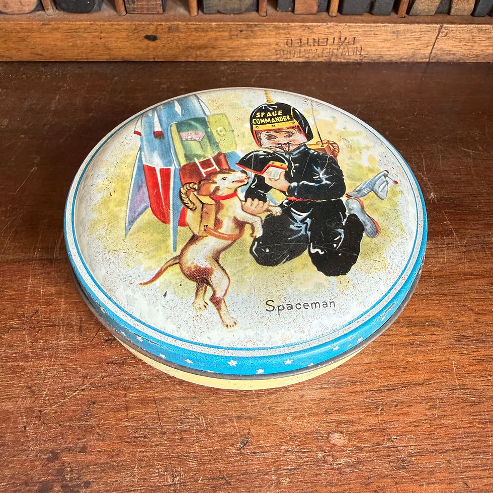 Thumbnail: Vintage Daintee astronaut and rocket sweetie tin