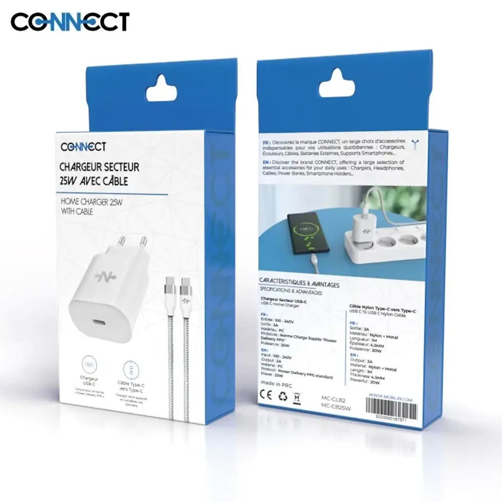 Miniature : Chargeur Secteur Type-C CONNECT Charge Rapide 25W avec Câble Nylon Tressé Type-C