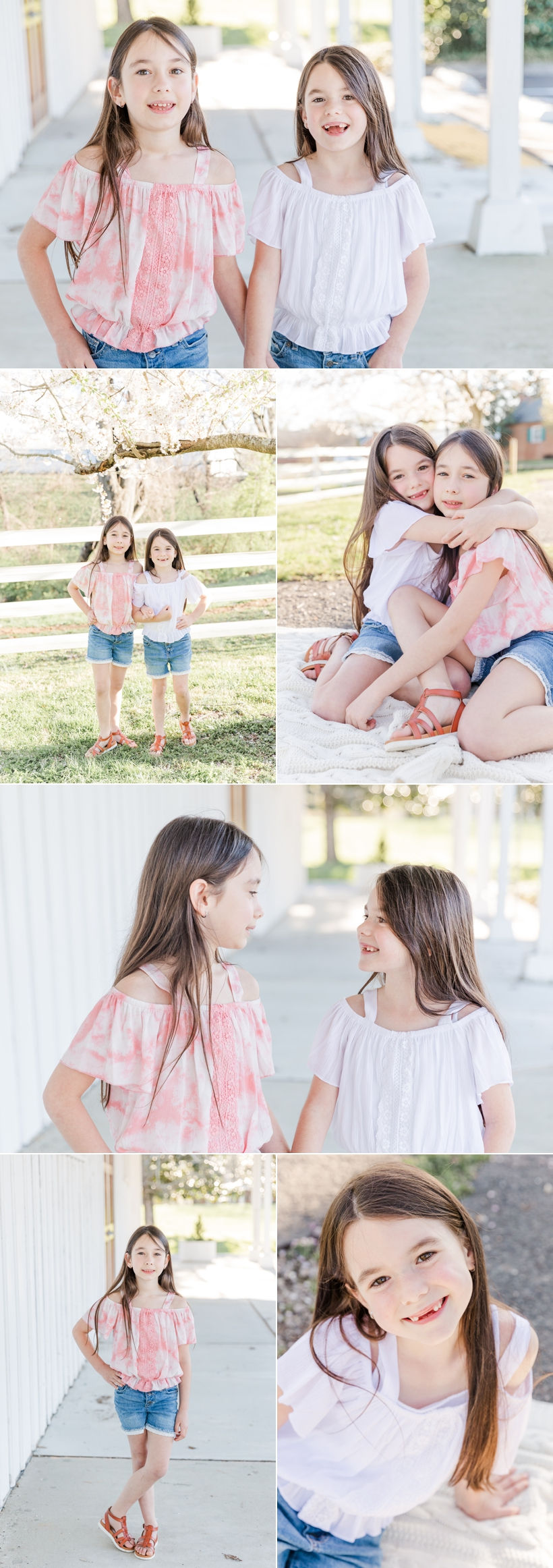 Spring photos with two sisters at Ellington Agricultural Center with Family and Newborn Photographer Janet Henry. Bright, pastel colors. Smiling girls wearing white and pink. Spring Mini Session with Janet Henry Photography