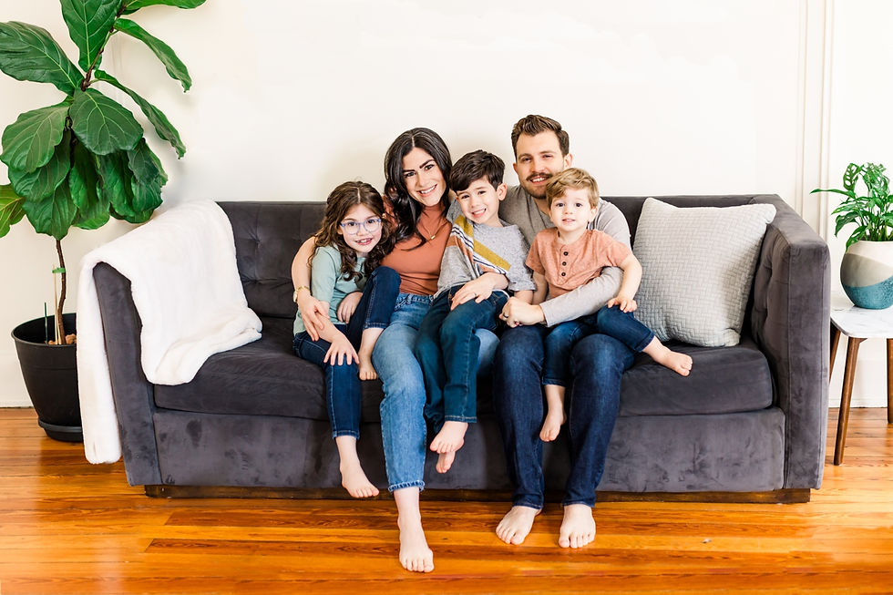 studio lifestyle family portrait session, family of 5, Monstera Studio in Nashville Tennessee, neutral colors, neutral tones, smiles, connection, Family and Newborn Photographer Janet Henry Photography