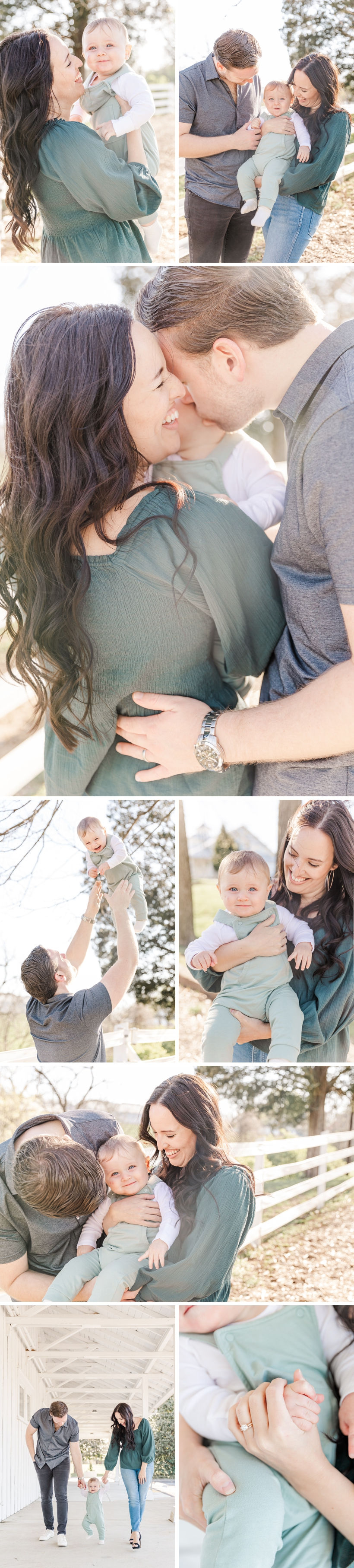 Spring Family Mini Portrait Session of a family with a baby boy at Ellington Agricultural Center in Nashville, Tennessee with Family and Newborn Photographer Janet Henry Photography. Baby is wearing soft muted green overalls with a long sleeve white shirt. Mom is wearing jeans and a blue green blouse. Dad is wearing a gray polo with gray pants and white shoes