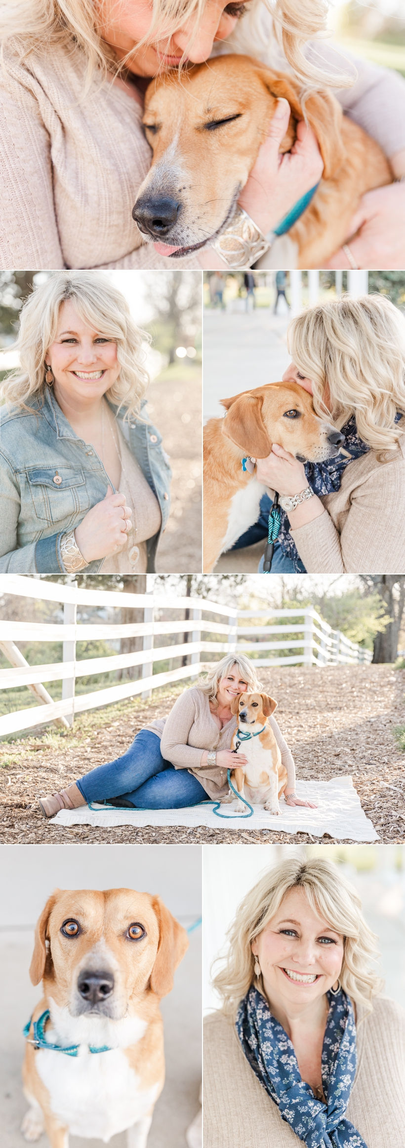Spring mini portrait session at Ellington Agricultural Center in Nashville, Tennessee with Family and Newborn Photographer Janet Henry Photography. Headshots of a woman holding flowers with her adopted dog from Proverbs 12:10 Animal Rescue of Middle Tennessee.