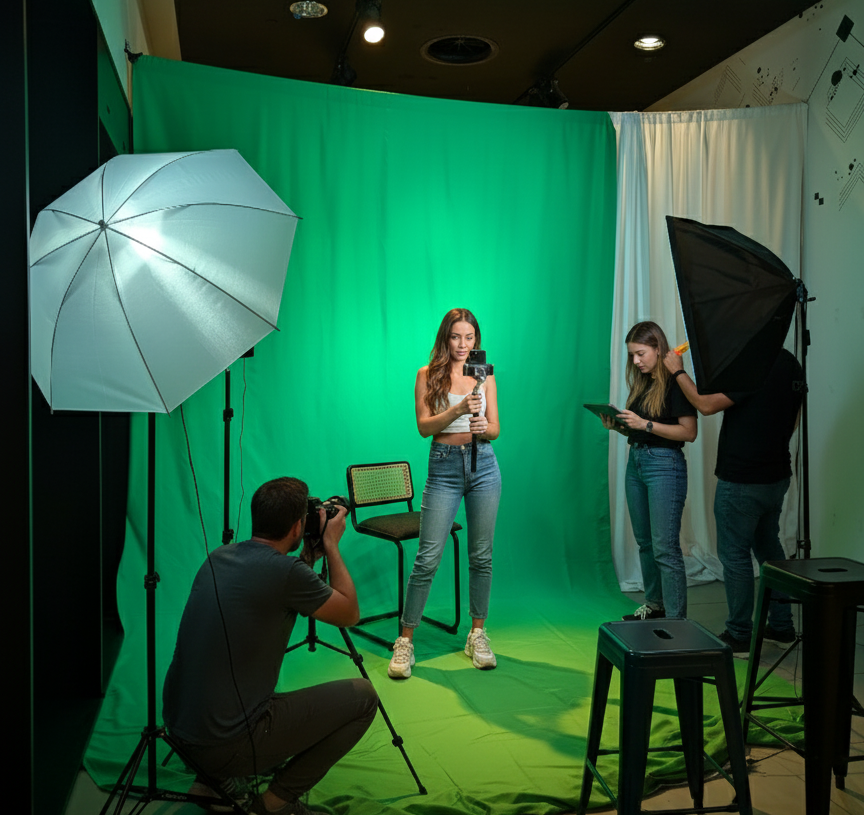 Young woman in front of a green screen, being filmed in studio