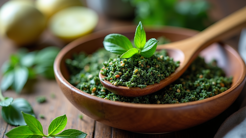 Eye-level view of a wooden spoon resting on a bowl of mixed fresh herbs