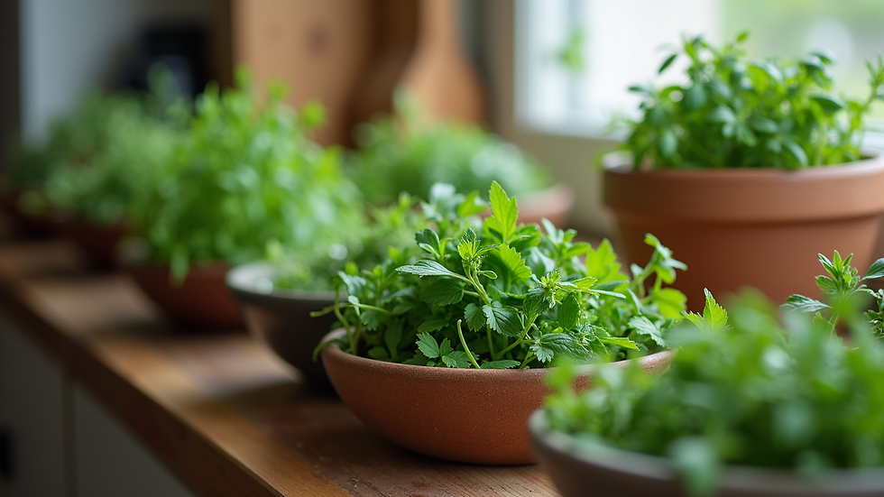 Eye-level view of assorted fresh herbs in small bowls on a kitchen counter