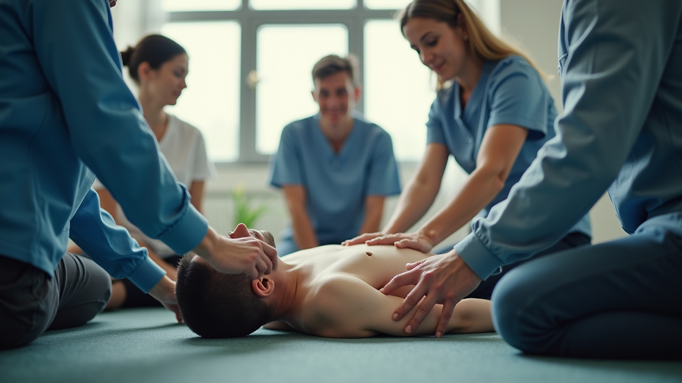 Eye-level view of a CPR training session with participants practicing techniques
