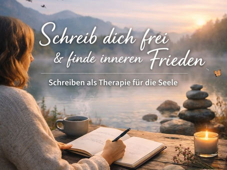 Eine Autorin, die entspannt am Tisch sitzt und schreibt - eine Tasse Kaffee und eine romantische Kerze vor sich - und den Blick auf einen friedlichen See gerichtet