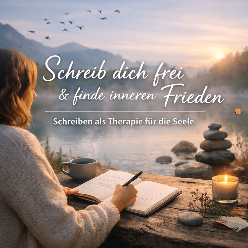 Eine Autorin, die entspannt am Tisch sitzt und schreibt - eine Tasse Kaffee und eine romantische Kerze vor sich - und den Blick auf einen friedlichen See gerichtet
