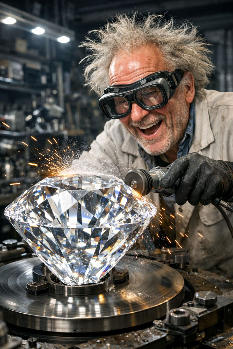 Ein verrückter Wissenschaftler, der euphorisch einen überdimensionalen Diamant schleift. In Anlehnung an das Blogthema: Wenn überarbeiten der Geschichte die Seele raubt,