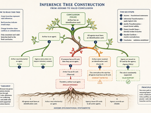 Infographic of an inference tree with green, red, and orange branches; title text and boxes explain Arthur, axioms, and a valid conclusion.