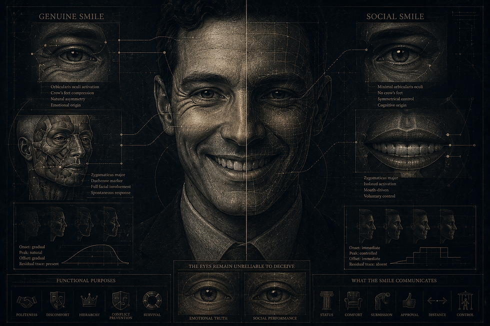 Dark infographic of a smiling man split into genuine vs social smile, with eye and mouth diagrams and labels about emotion.