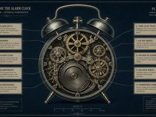 Close-up of a vintage metal alarm clock mechanism with gears and a bell assembly visible inside the case.
