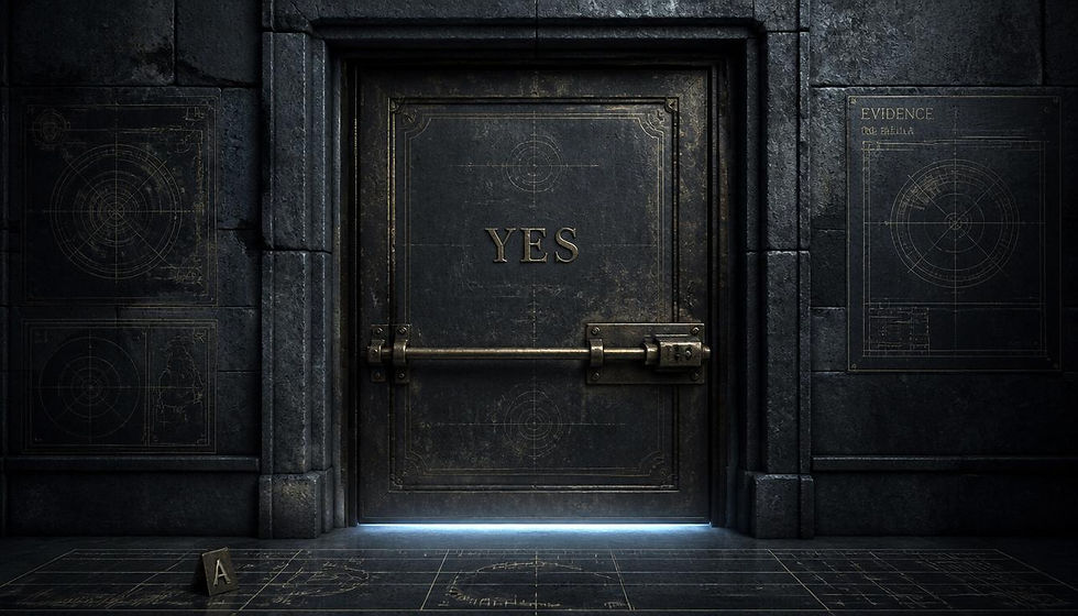 Dark stone chamber with a metal door labeled YES, barred shut, evidence panels on walls, and a lone A block on the floor.