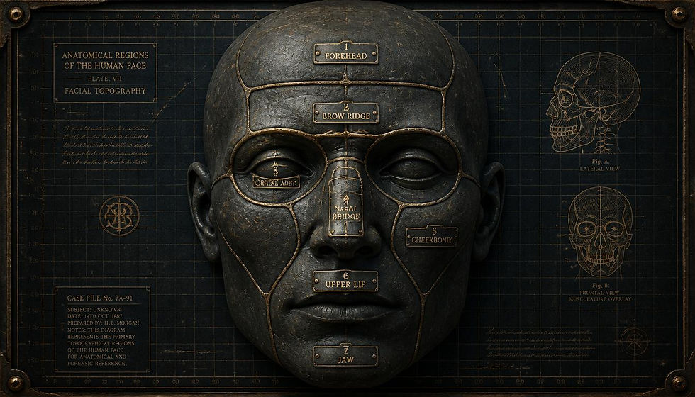 Vintage anatomy chart of a human face mask labeled forehead, brow ridge, nasal bridge, cheekbones, upper lip and jaw on dark grid.