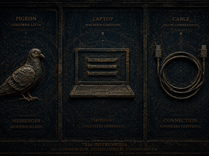 Three-panel dark poster showing a pigeon, a laptop diagram, and a coiled cable with labels and decorative text.