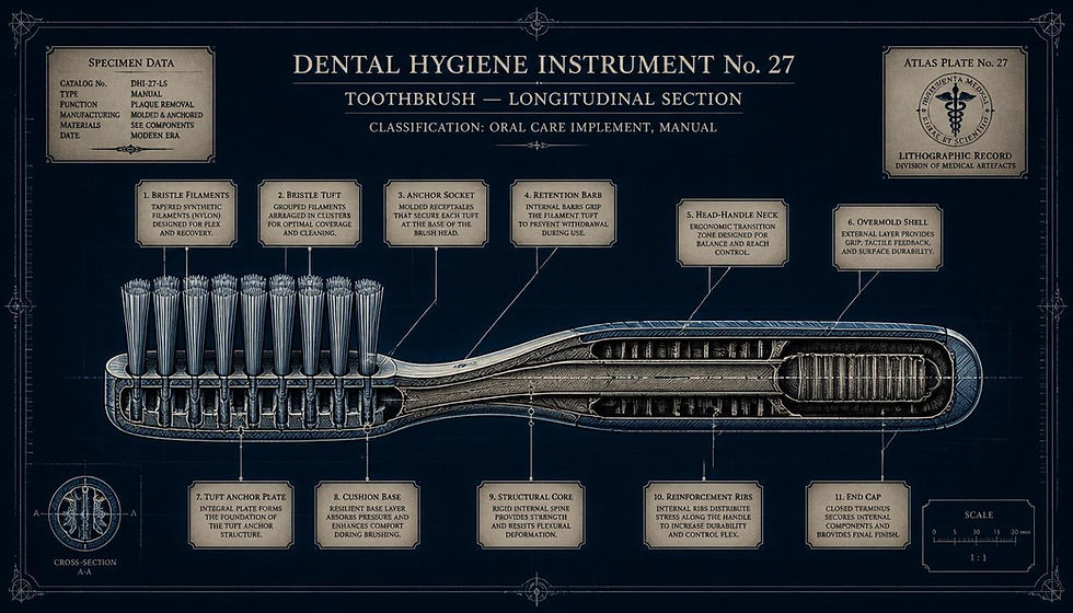 Annotated vintage blueprint of a toothbrush cross-section labeled Dental Hygiene Instrument No. 27 on dark navy background.