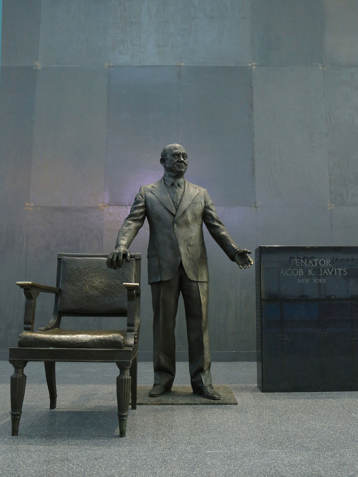 Bronze portrait sculpture of Senator Jacob Javits by William Crozier, 1999. 