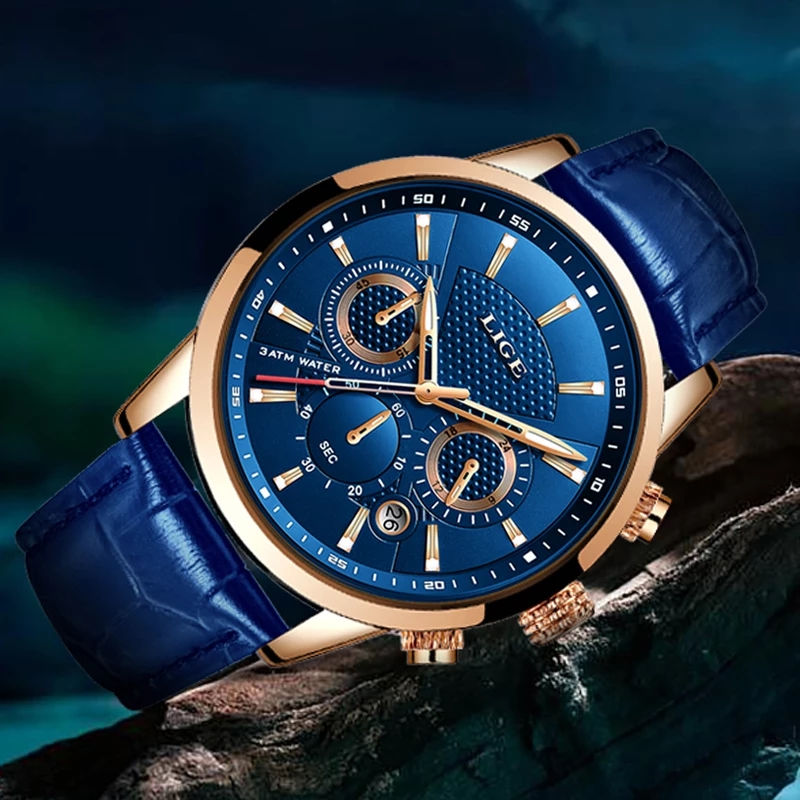 Thumbnail: LIGE Top Brand Luxury Leather Casual Quartz Watch Men Sport Waterproof