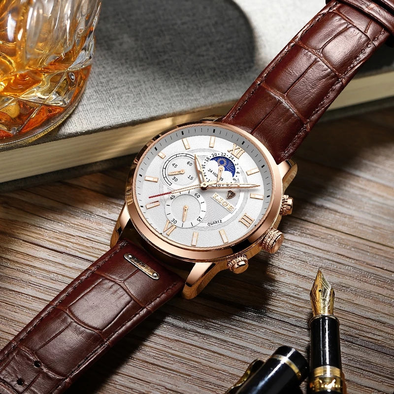 Thumbnail: LIGE Top Brand Leather Chronograph Waterproof Sport Automatic Date Quartz