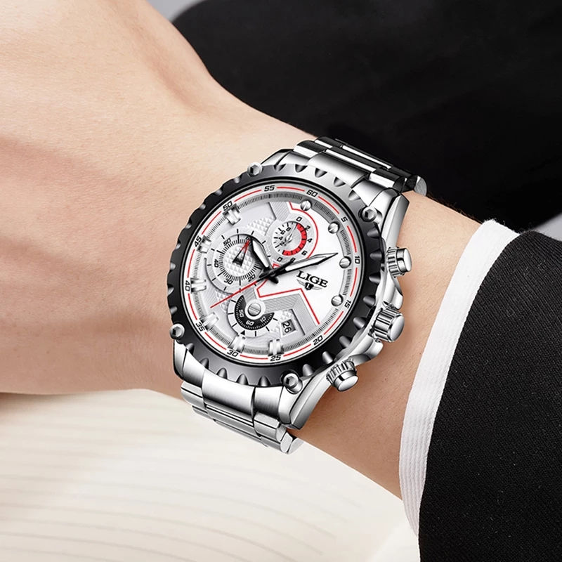 Thumbnail: LIGE 2020 Fashion Silver Mens Watch Top Brand Luxury Full Steel 30M Waterproof