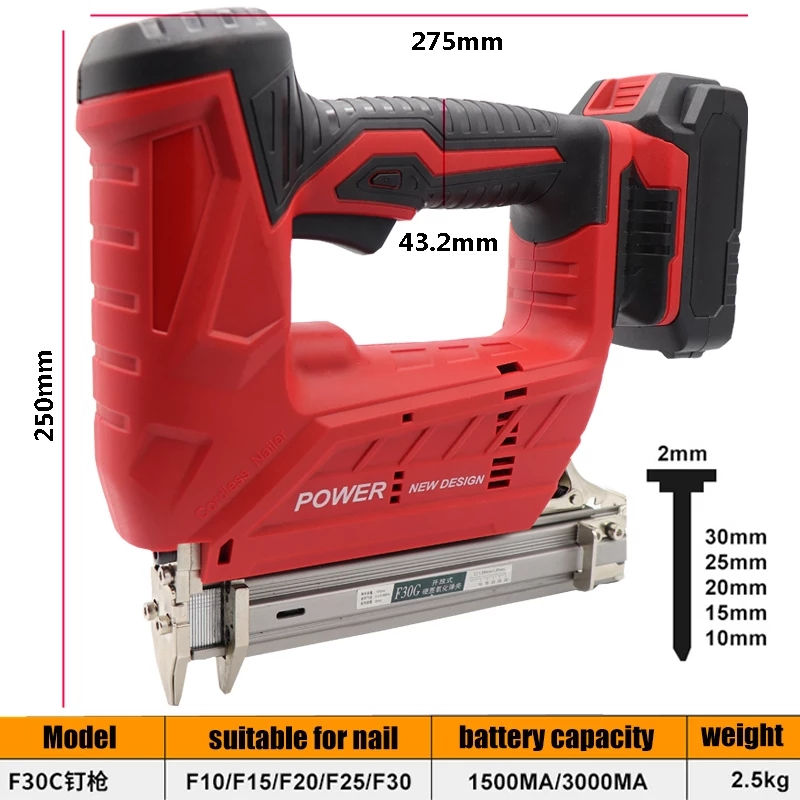 Thumbnail: Hifeson Wireless Electric Nail Guns 1500/3000MA F30C 30mm Nailer Stapler Tools
