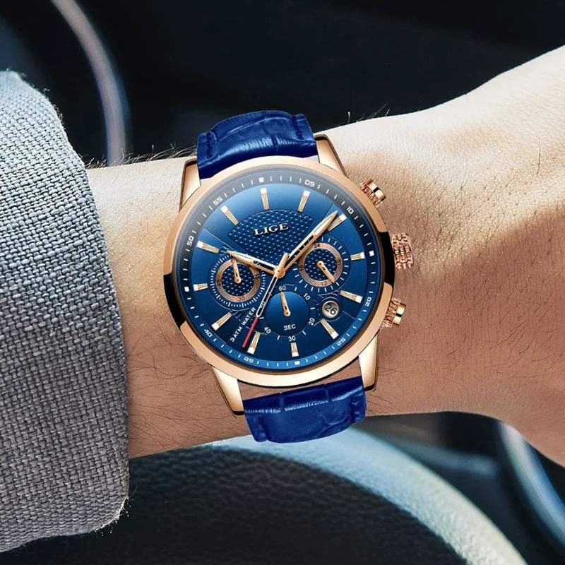 Thumbnail: LIGE Top Brand Luxury Leather Casual Quartz Watch Men Sport Waterproof