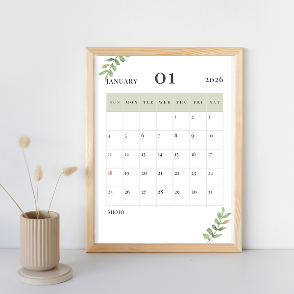 2026年カレンダー（ナチュラル）デザインの壁掛けモックアップ