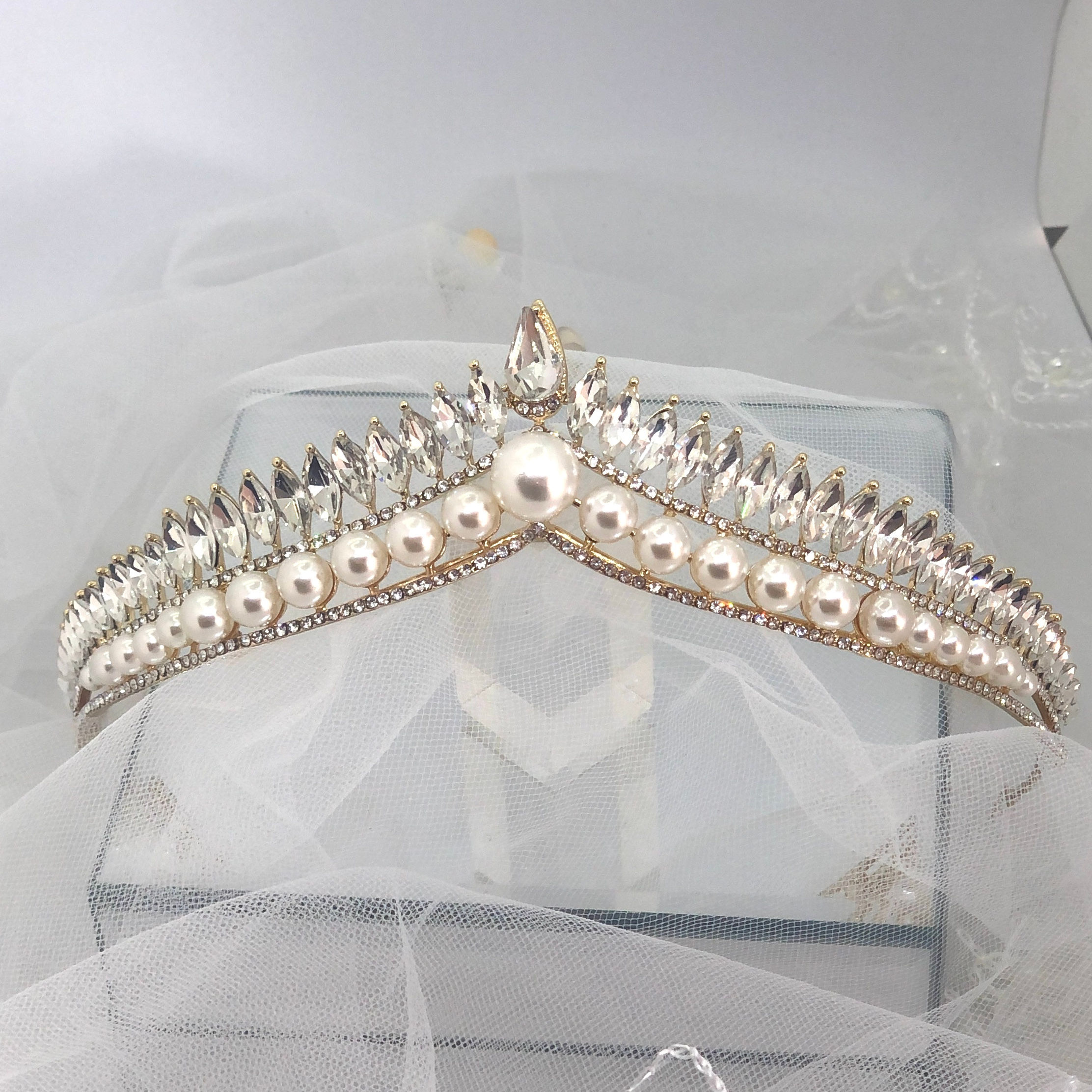 SABRINA - Gold & Pearl Wedding Bridal Tiara
