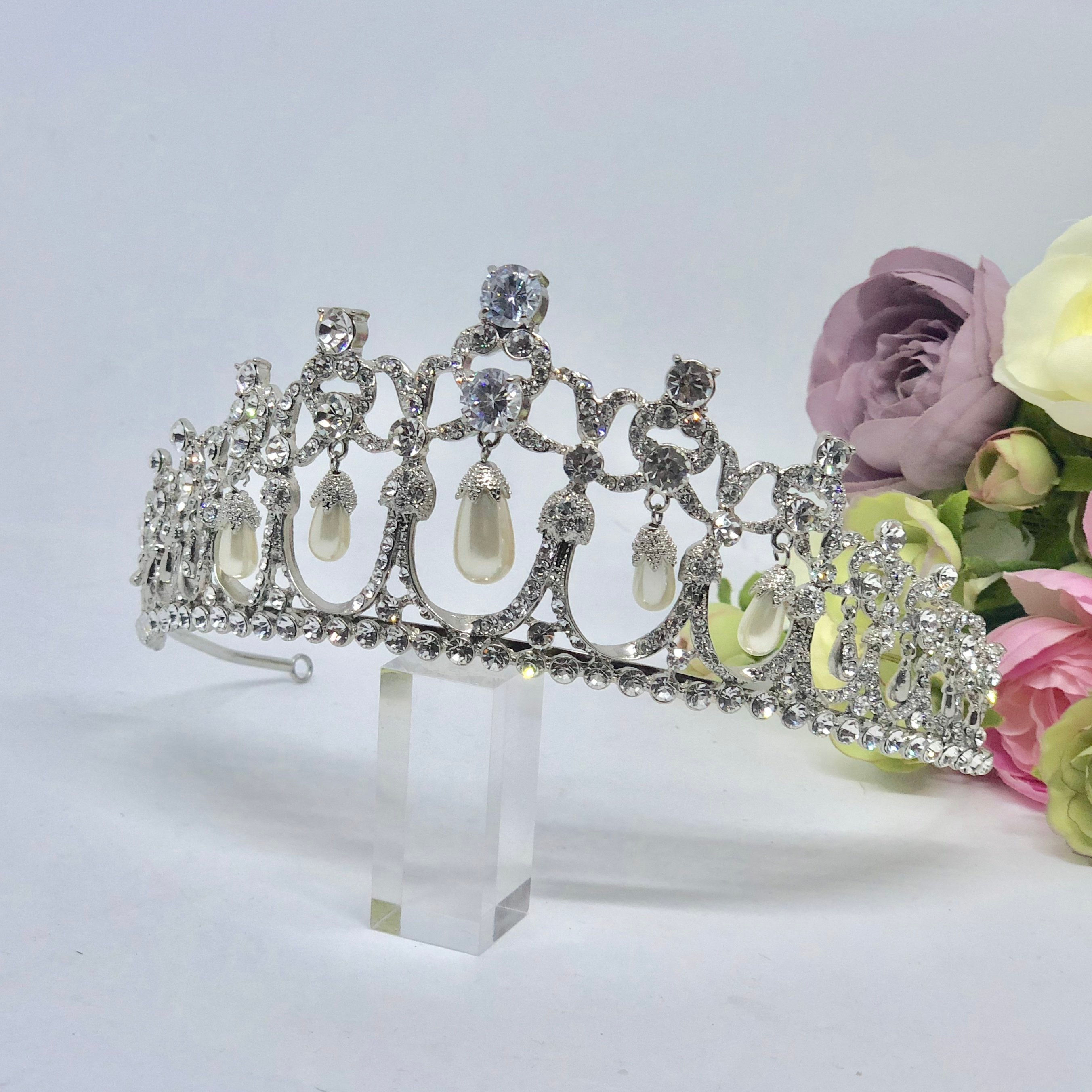 DIANA - Silver Pearl Wedding Bridal Crown Tiara