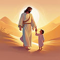 Jesus walking with a child in happiness.