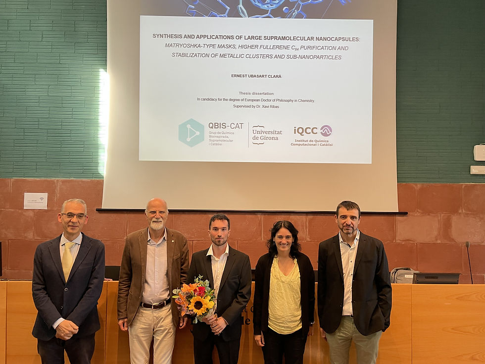 PhD Defense of Ernest Ubasart. From left to right: Juan Granja (USC), Maurizio Prato (UPV/EHU), Ernest Ubasart, Marta Mas-Torrent (UAB) and Xavi Ribas