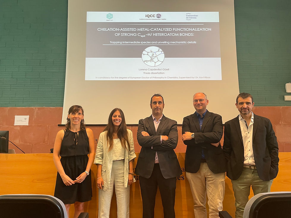 PhD Defense of Lorena Capdevila. From left to right: Anna Pla-Quintana (UdG), Lorena Capdevila, Noel Nebra (Univ. Toulouse), Bas de Bruin (UA) and Xavi Ribas