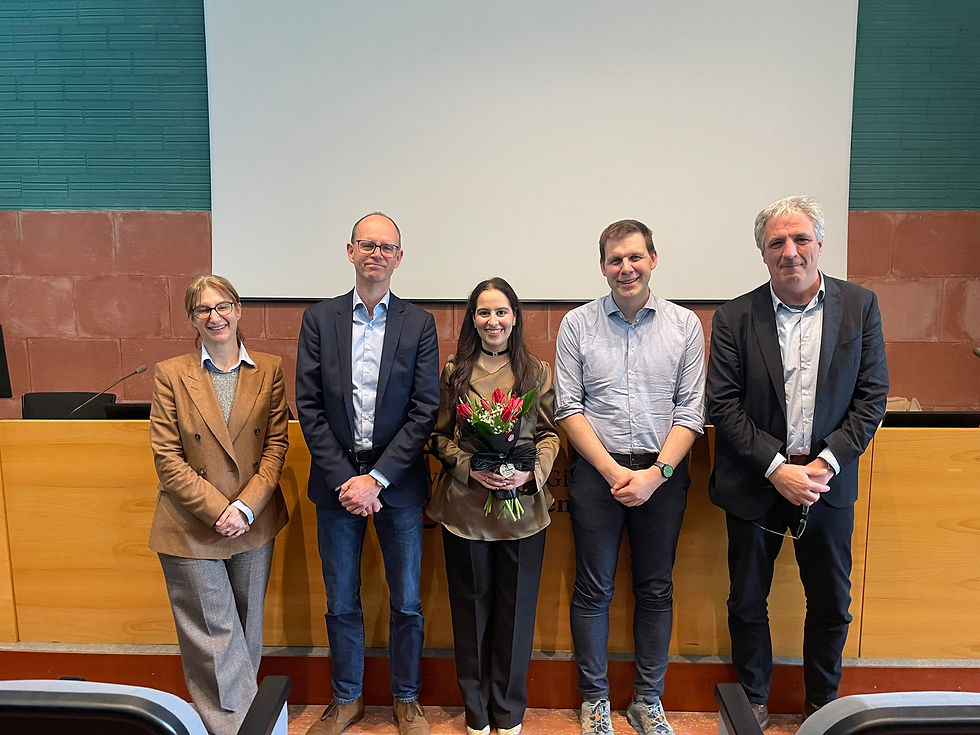 PhD Defense of Najoua Choukairi Afailal. From left to right: Montserrat Diéguez (Univ. Rovira i Virgili), Bert Klein-Gebbink (Utrecht Univ.), Najoua Choukairi Afailal, Wesley Browne (Univ. Groningen) and Miquel Costas