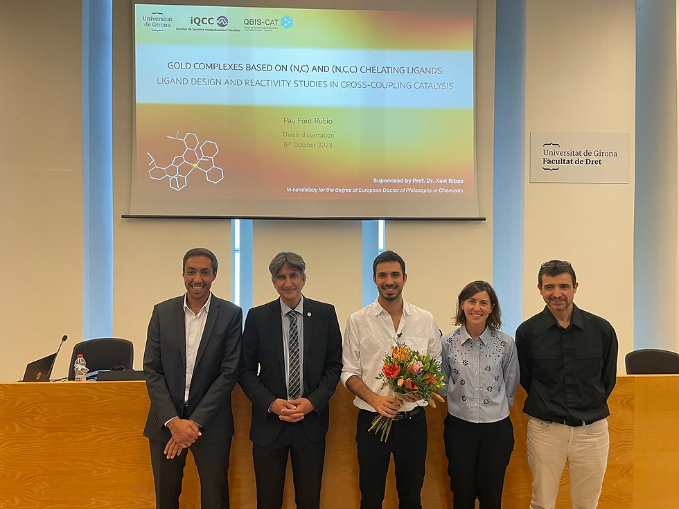 PhD Defense of Pau Font. From left to right: Abderrahmane Amgoune (Univ. Lyon), Stephen Hashmi (Univ. Heidelberg), Pau Font, Macarena Poyatos (UJI) and Xavi Ribas