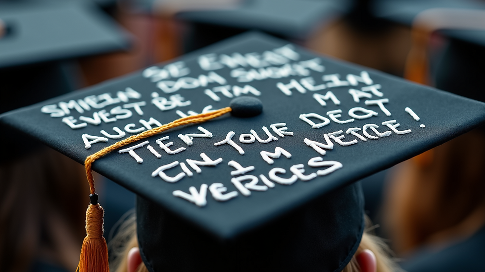 Close-up view of a decorated graduation cap with inspiring messages