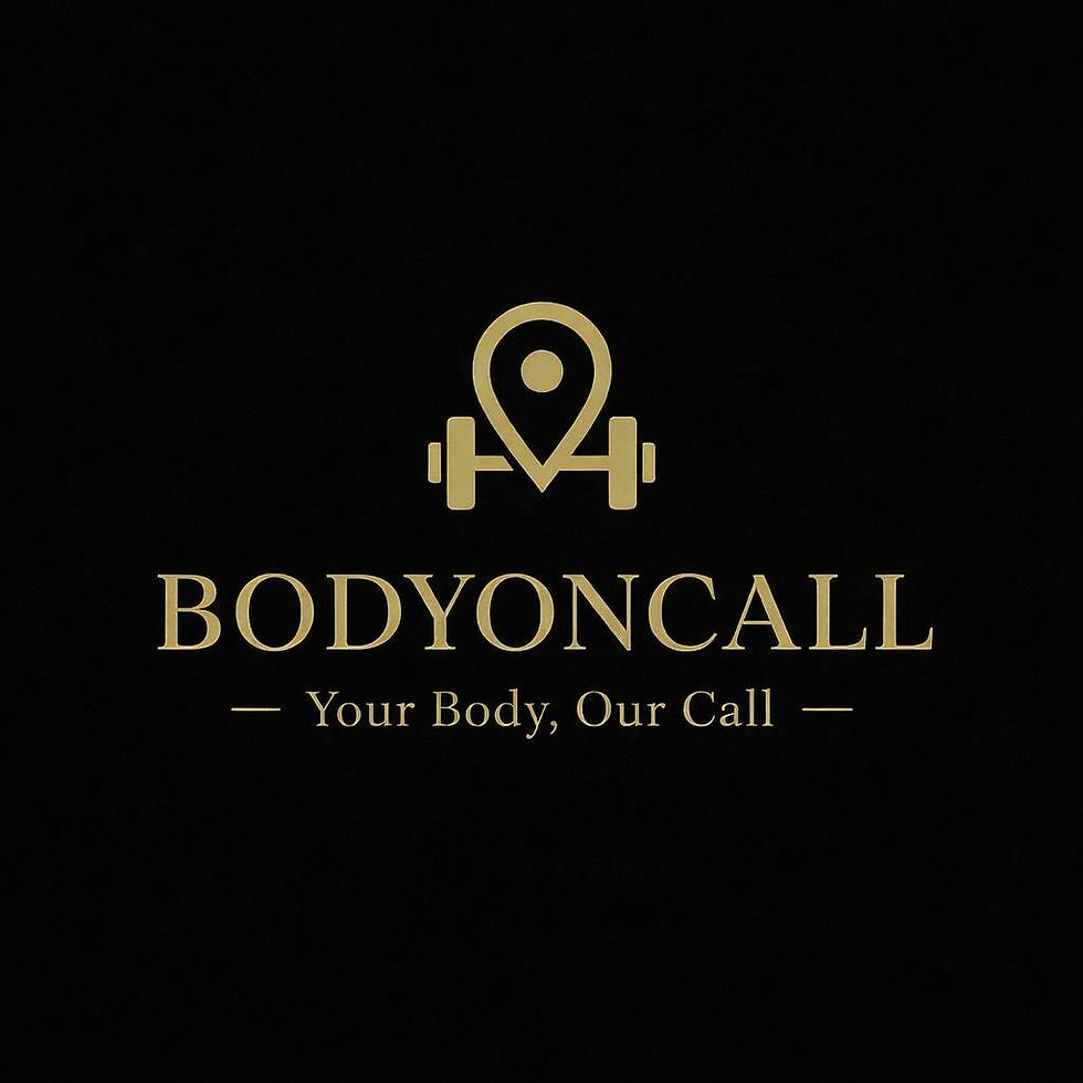 BODYONCALL logo with dumbbell and pin, Your Body Our Call