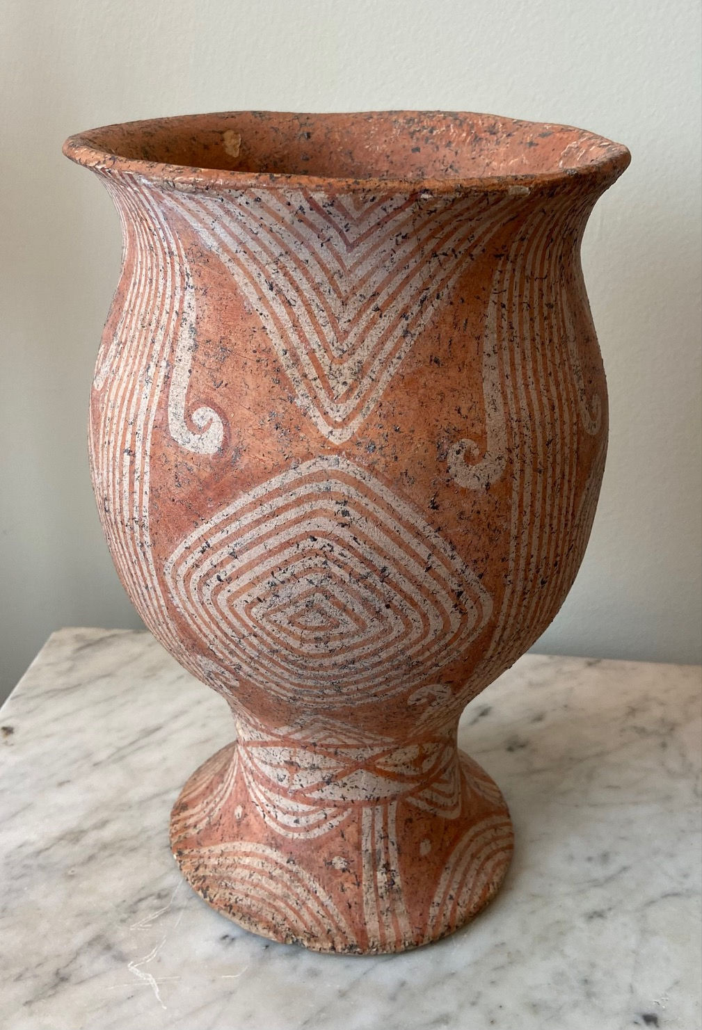 Large Thai pottery pedestal pot with painted ornament