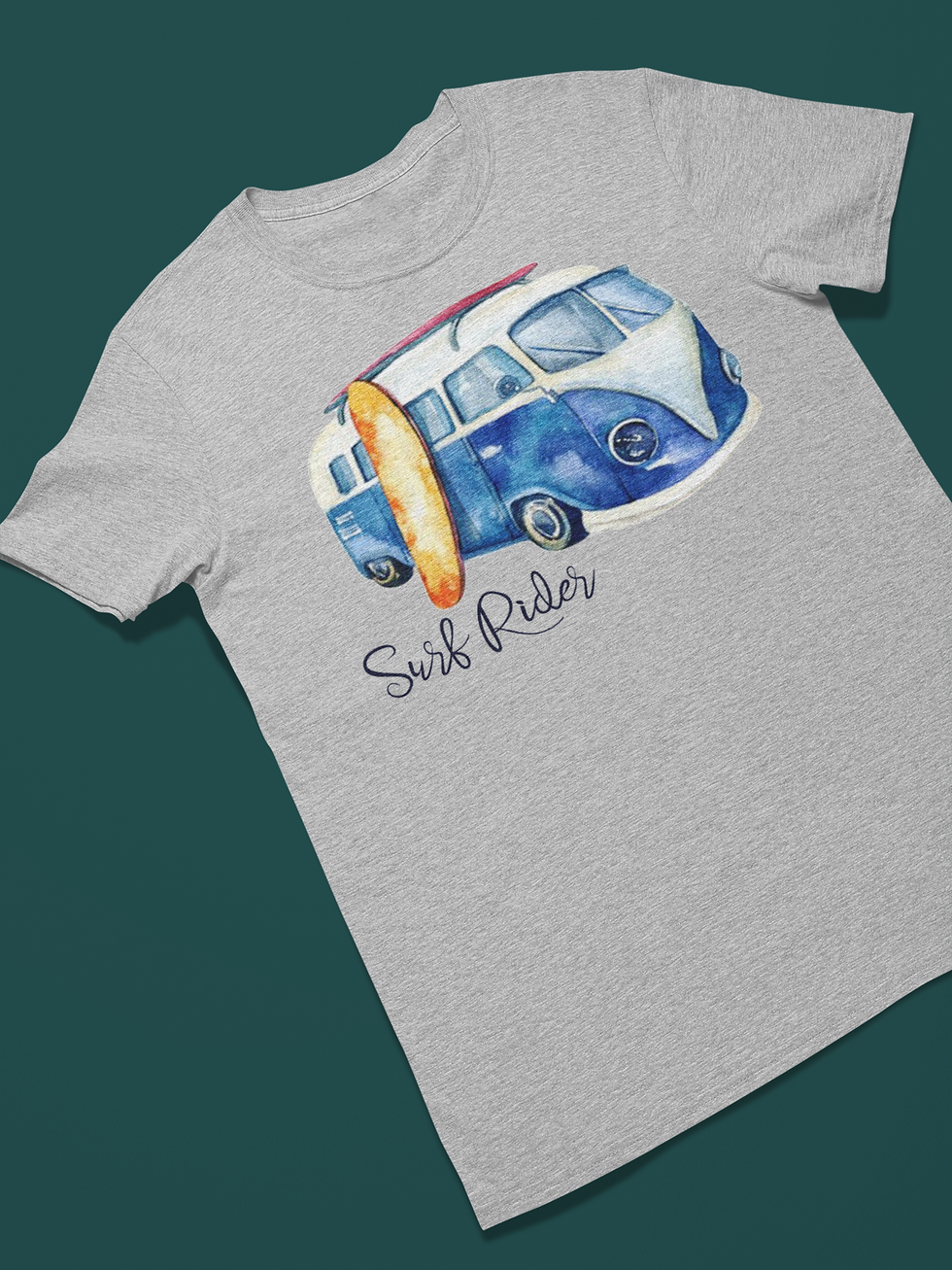 Thumbnail: T-shirt with DTG printed surfboard and hippy van design