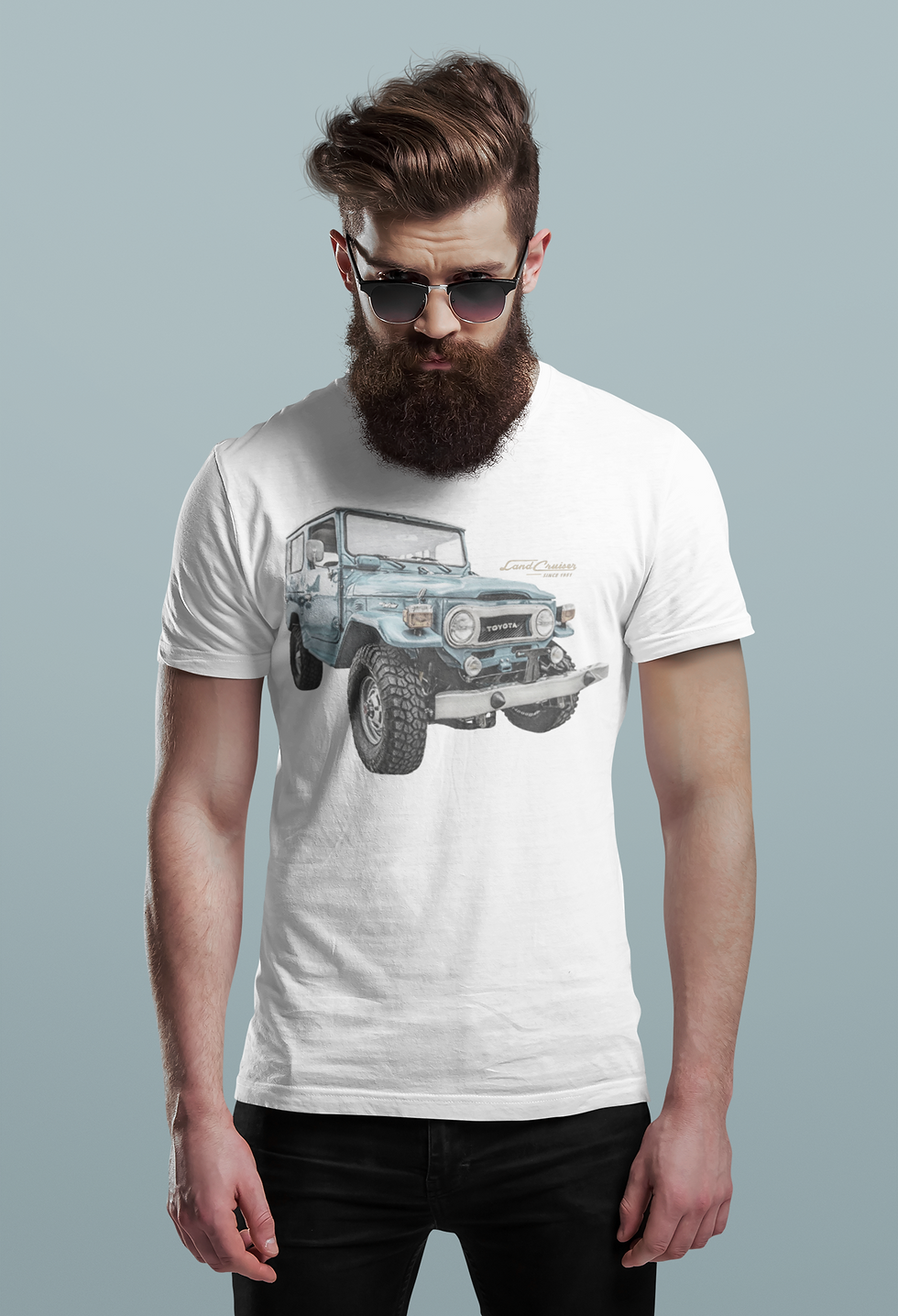 T-shirt with DTG printed blue vintage land cruiser design