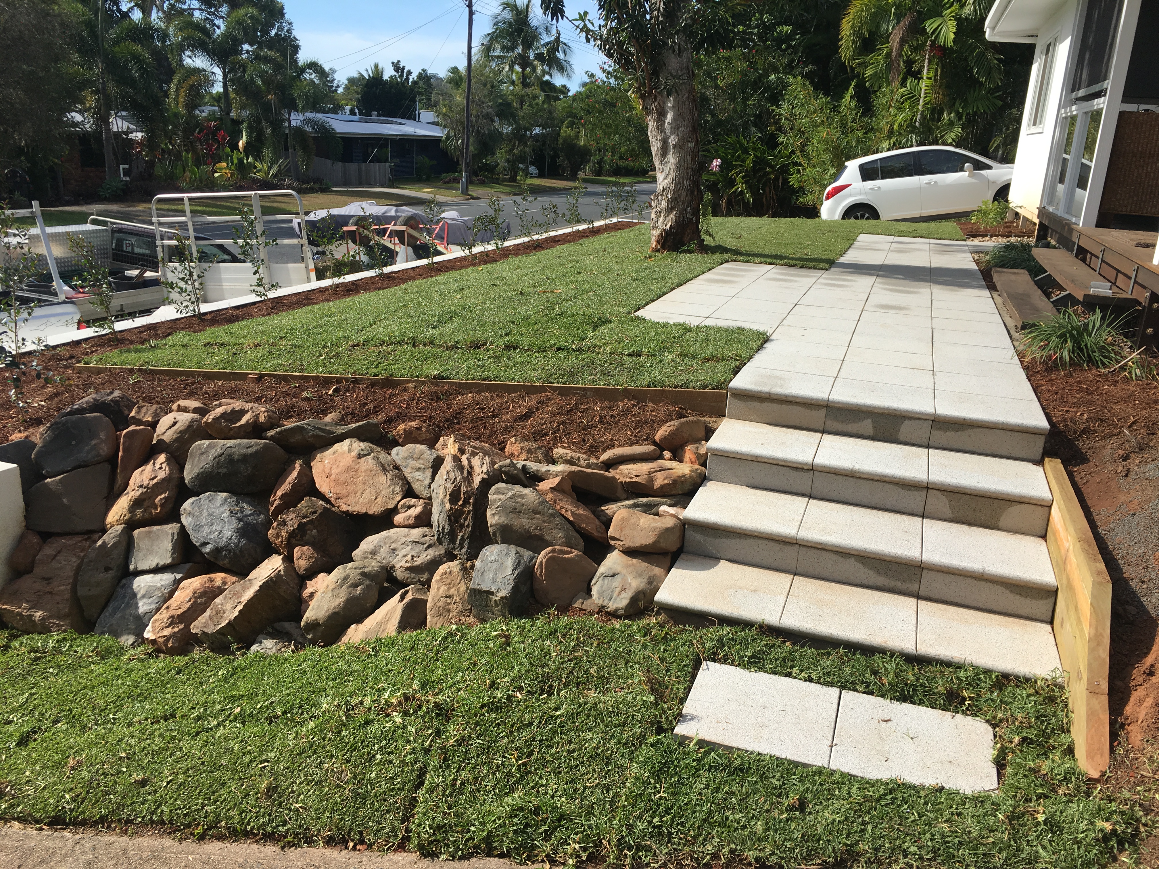 steps, paving, turf, rock work