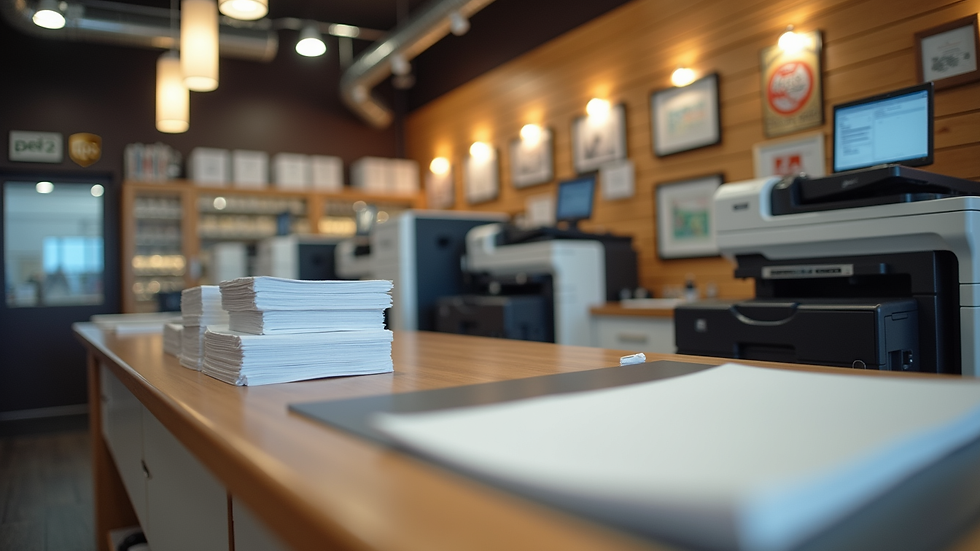 Eye-level view of a UPS store digital printing counter with printers and paper stacks