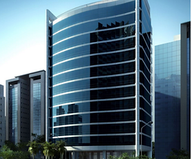 Fachada do Alpha Tower na Vila Olímpia, edifício A com laje moderna, salas comerciais e ambiente corporativo premium.