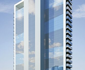 Fachada do edifício K1 em Santana, com arquitetura vertical e entrada moderna próxima ao metrô.