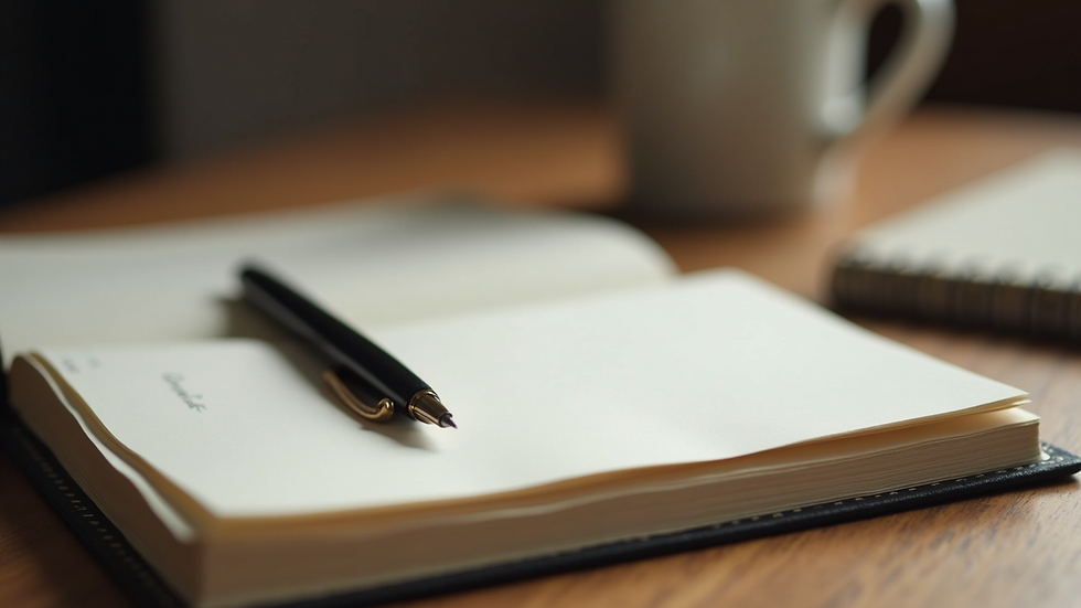 Close-up view of a journal and pen on a wooden desk