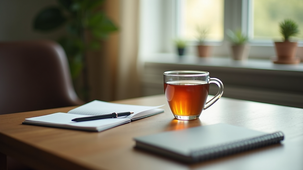 Eye-level view of a quiet study desk with a notebook and a cup of tea