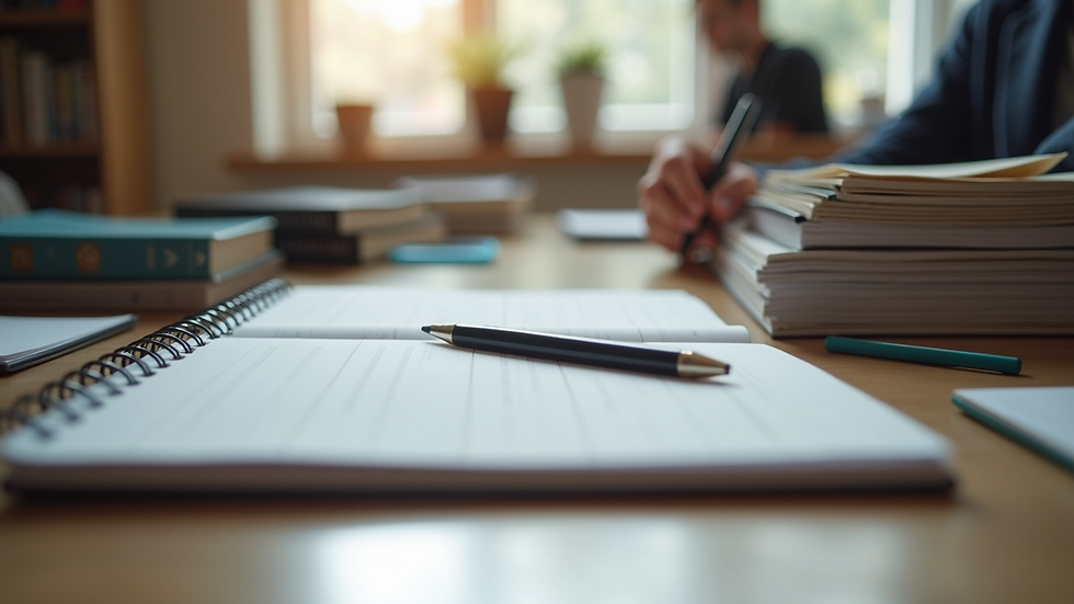 Eye-level view of a student’s organized study desk with books and a planner