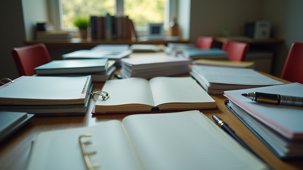 Eye-level view of a cluttered desk with textbooks and notebooks