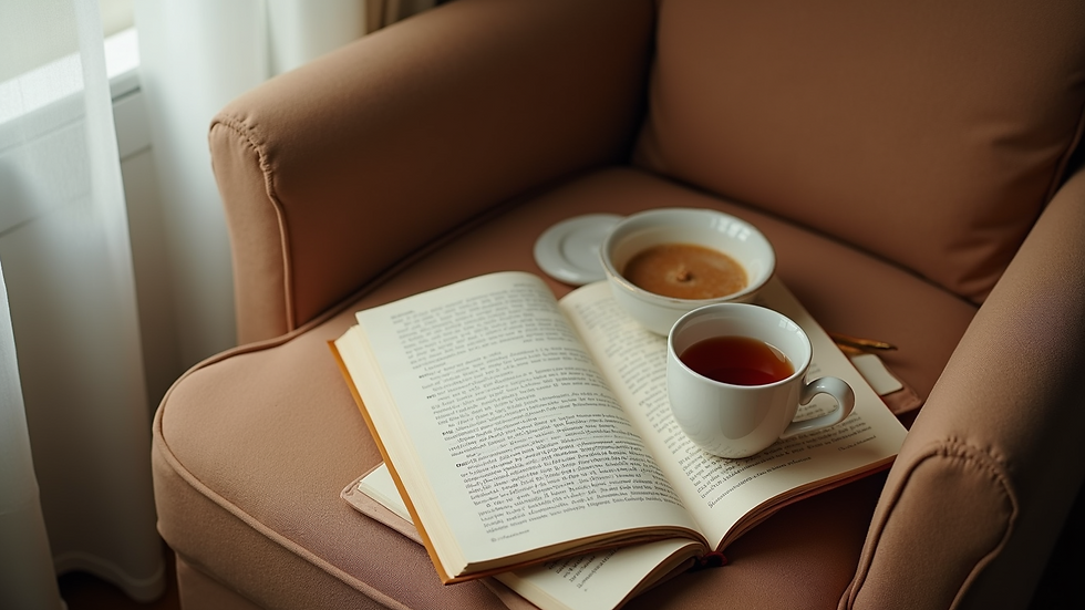 High angle view of a cozy reading nook with a journal and cup of tea