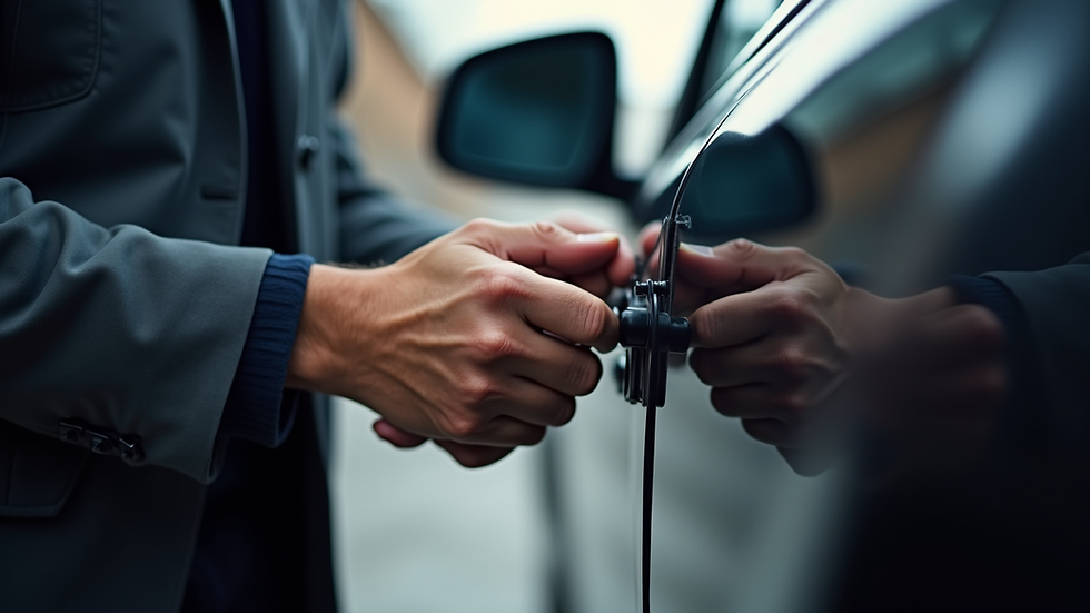 Close-up view of a locksmith working on a car door lock